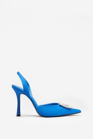 Just A Fling Blue Satin Sling Back Heels With Diamante Brooches